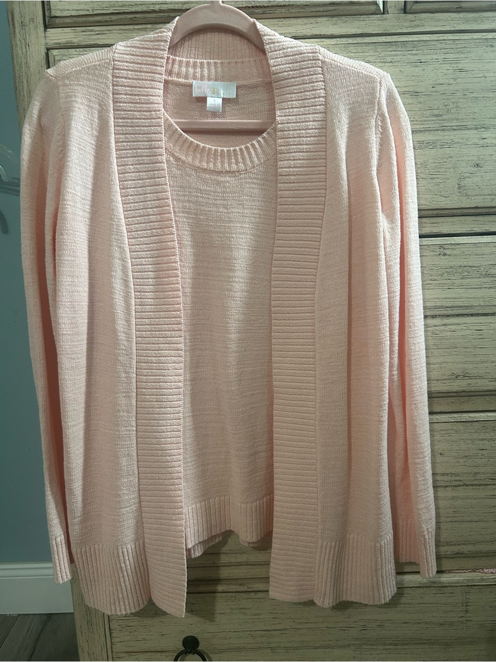 Kim Gravel fresh pointelle sweater tank and open front cardigan in seashell Pink